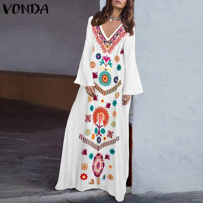 

VONDA Women Retro Floral Print Maxi Long Dress Sexy V Neck Long Flare Sleeve Dresses 2019 Spring Casual Loose Vestidos Plus Size