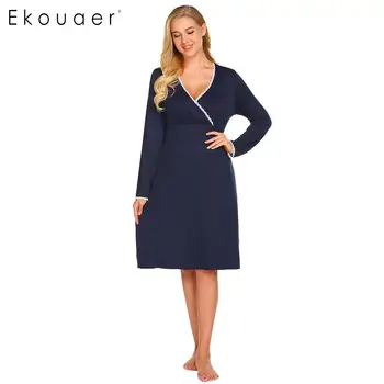 

Ekouaer Women V-Neck Nightgown Long Sleeve Night Dress Solid Lace Loose Breastfeeding Sleepshirts Spring Nightdress