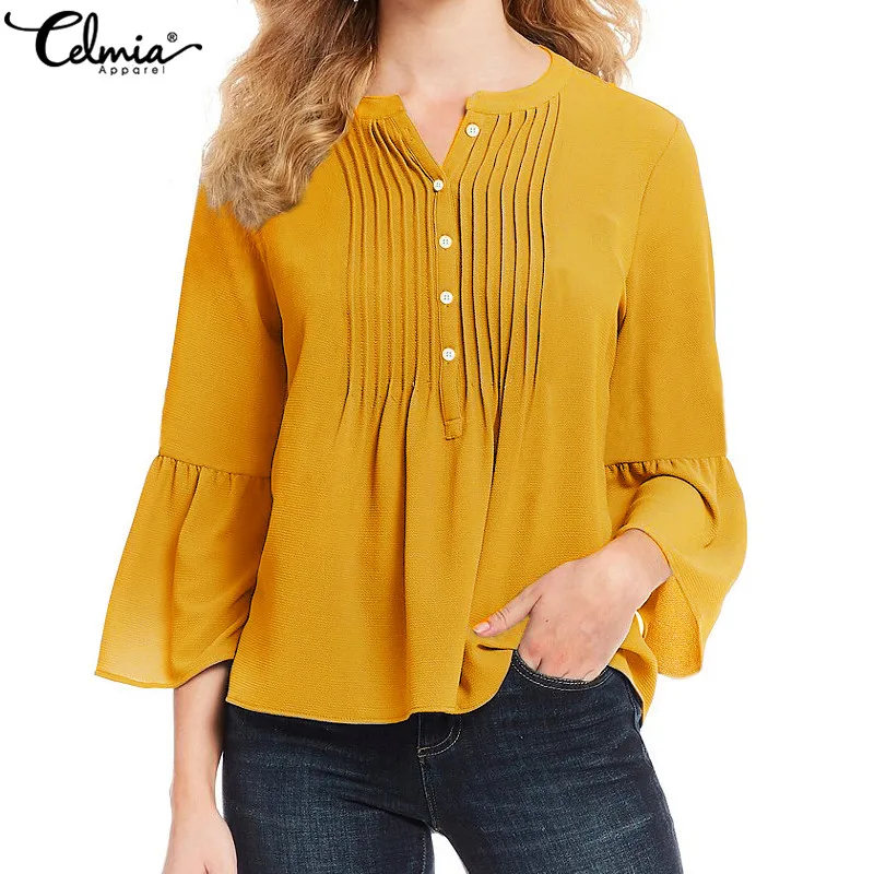 

Celmia 5XL Women Yellow Blouse Pleated Shirts 2019 Elegant Flare Sleeve Ruffles Tops Solid Casual Loose Office Lady Blusas Mujer