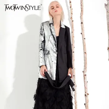 

TWOTWINSTYLE Heavy Sequins Women's Suit Long Sleeve Bandage Patchwork Hit Colors Blazer Coat Female Casual Fashion 2020 Autumn