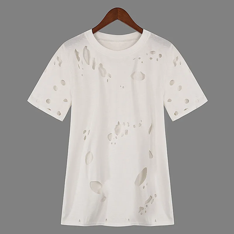 Sexy Holes Ripped T-Shirt Women 2018 Summer Casual Loose T Shirts Female Tops Ladies Hollow out Blusas Feminina Plus Size Tees Sexy Holes Ripped T-Shirt Women 2018 Summer Casual Loose T Shirts Female Tops Ladies Hollow out Blusas Feminina Plus Size Tees