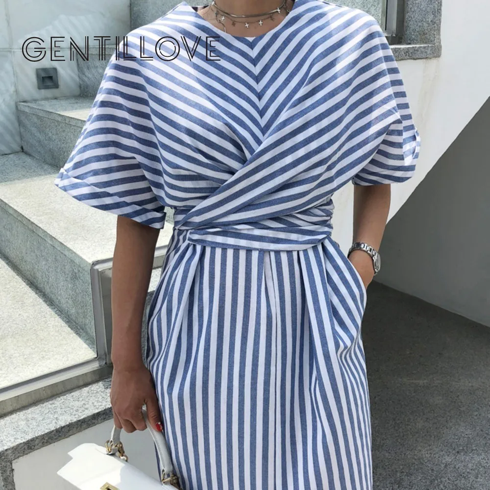 

Gentillove Women Korean Striped Straight Midi Dress Summer Short Sleeve Bandage Split Long Dress Plus Size Bodycon Dress Vestido