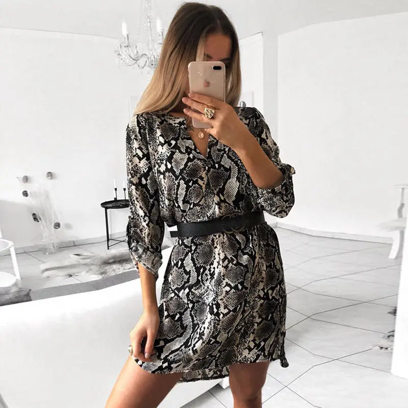 

women high street leopard snakeskin geometry print loose short shirtdress female fashion long sleeve v neck dresses party club