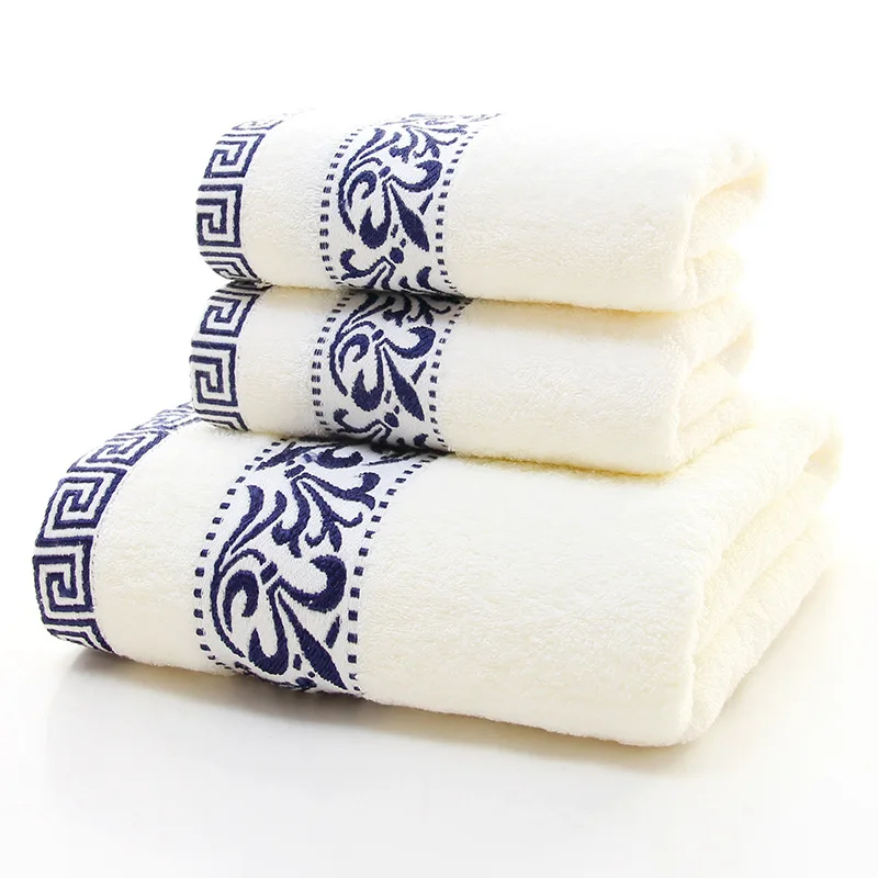 3 Piece Set Microfiber Bath Towel Face Towel Set White Bath Sheet Floral Pattern Cotton Soft