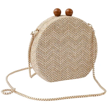 

Round Weave Handbag Banquet Clutch Woman Crossbody Bags For Women Circular Strip Shoulder Bags Resin Strap Wood Handle