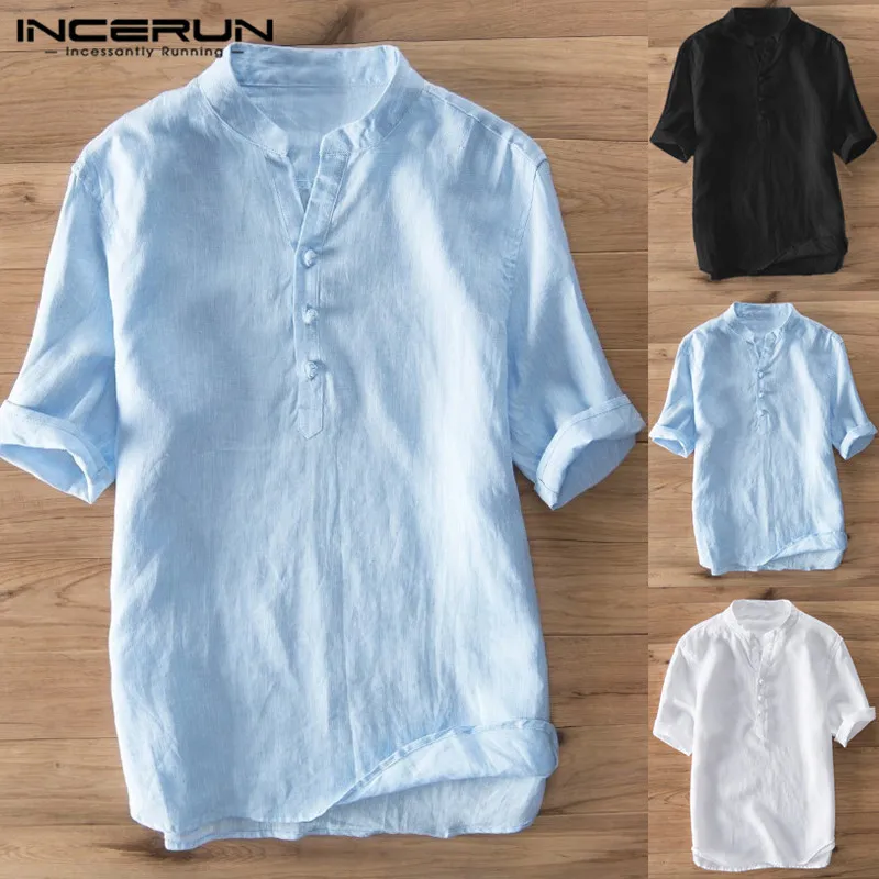 

INCERUN Vintage Casual Shirt Men Cotton Stand Collar Solid Streetwear Summer Tops Breathable Short Sleeve Men Brand Shirts 2019