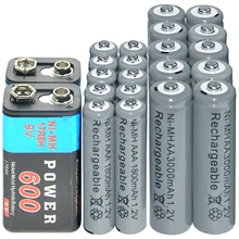 2x9 v 600mAh+ 10x AAA 1800mAh+ 10xAA 3000mAh 1,2 V Ni-MH аккумуляторные батареи серого цвета