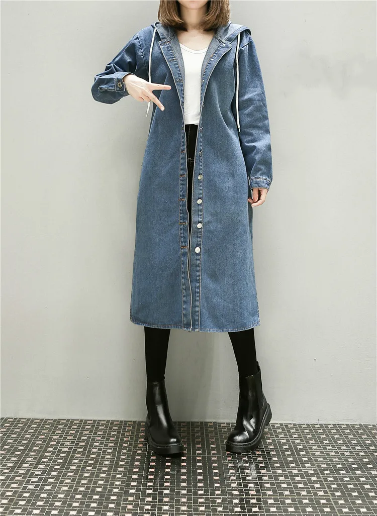 Осенняя женская джинсовая ветровка с длинным рукавом больших размеров 3xl 4xl 5xl, Женское пальто с капюшоном, синий Тренч, уличная одежда