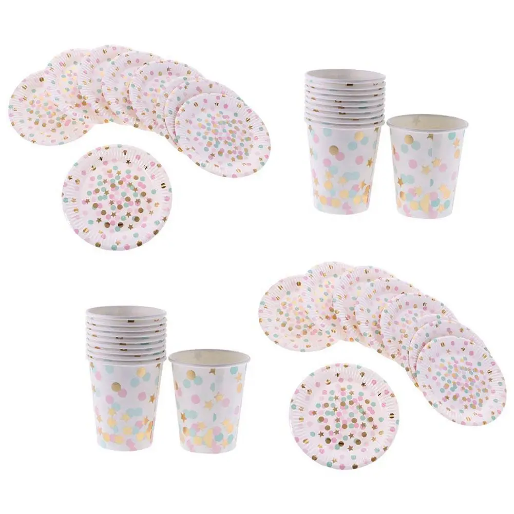 

Disposable Tableware Set 20pcs Plates Round +20pcs Cupboard Carton Multicolored Round Dot Pattern for Anniversary