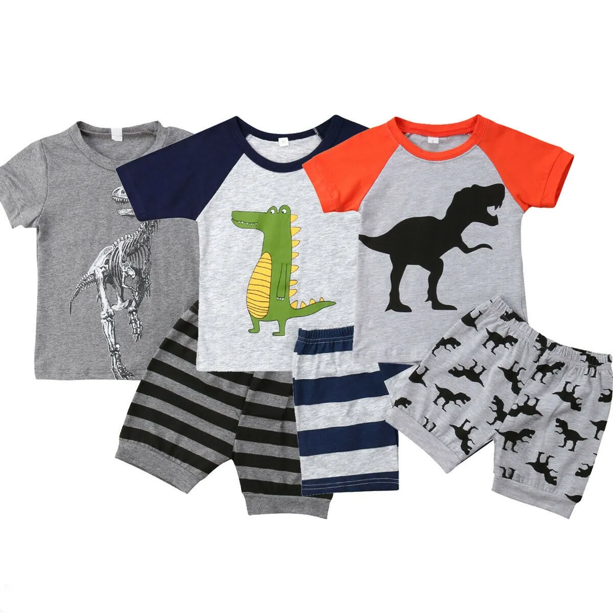 2Pcs Kids Baby Boy Dinosaur Clothes Set Short Sleeve Cotton Top Striped Pants Summer Casual Sunsuit Outfit | Детская одежда и