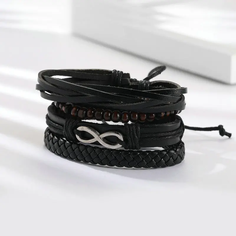 

4 PCs Leather Bracelet Wood Beads Charm Bracelet Infinity Bangle Fashion Jewelry For Men and Women GP0345