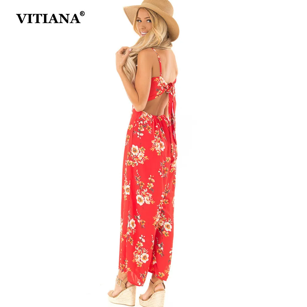 

VITIANA Women Beach Chiffon Jumpsuit Summer Female 2019 Lace Up Backless Printing Strapless Sexy rompers womens jumpsuits