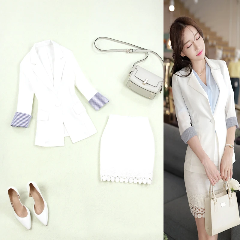 

Set female spring and summer new large size one button white seven-point sleeve small suit + bag hip lace skirt two-piece