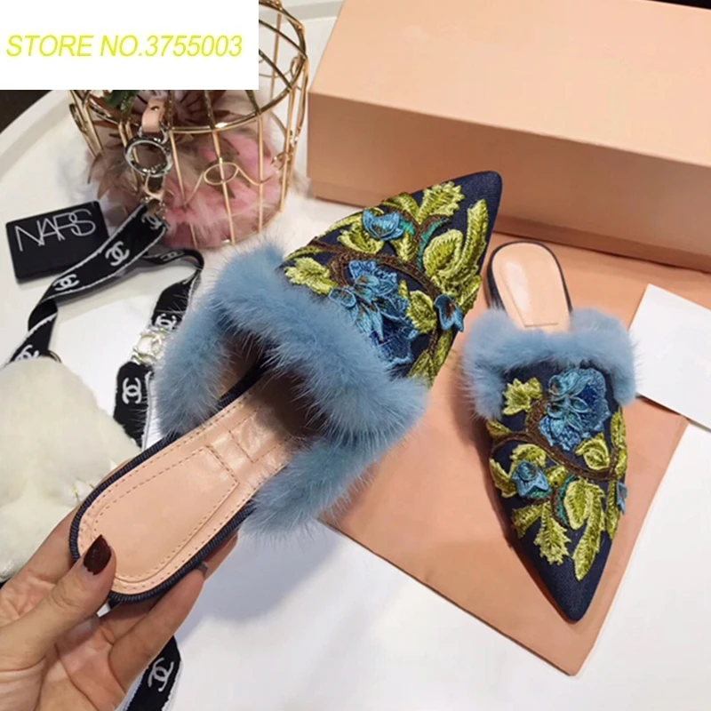 

2018 New Arrival Outside Women Flats Fashion Fur Embroidery Women Slippers Pointed Toe Slip On Flats&Loafers Zapatos de Mujer