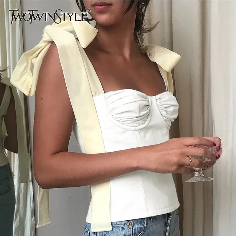 Женский короткий топ TWOTWINSTYLE белый винтажный на бретельках без рукавов 2019|Топы| |