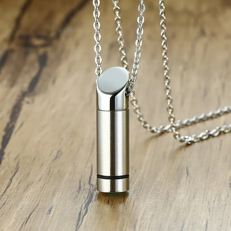 

Capsule Pendant Women Men Necklace Open Cylindrical Silver Color Stainless Steel Remembrance Jewelry