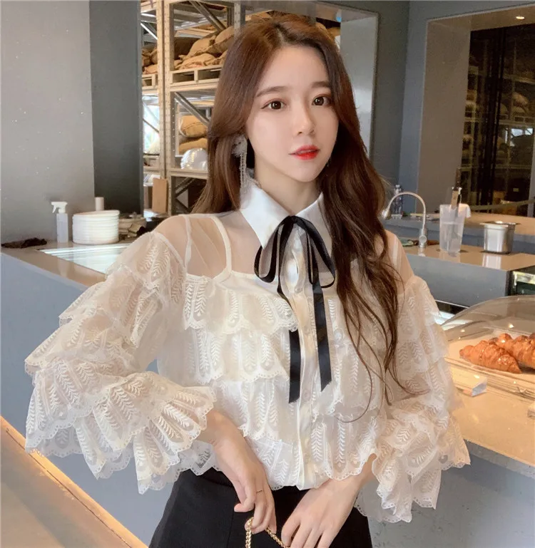 

2019 Spring Girls Transparent Lace Blouses Shirts Tees Female Ruffles Sleeve Fairy Blouses Tops For Women