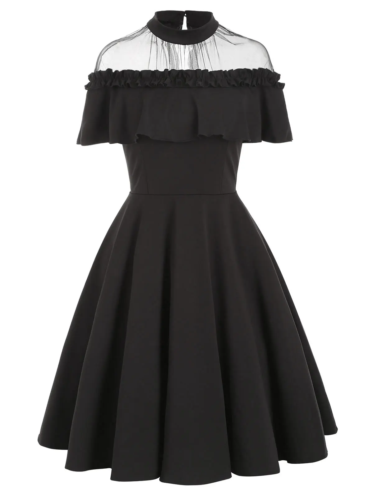 

Joineles Ruffle Mesh Panel Women Dress Spring Summer Short Sleeve Pin Up Dress Solid Black Casual A-Line Party Dresses Vestidos