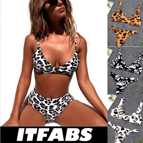

Women Leopard High Waist Swimwear Bikini Set Push-up Padded Bra Bathing Swimsuit