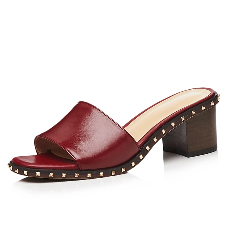 

Red Genuine Leather Women Slides 5.5 CM Chunky Heels Open-toe Summer Slippers Sexy Ladies Woman Mules Box packing A961