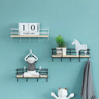 

Modern Wrought Iron Storage Rack Wall-mounted Decorative Shelf Hanging Holder Organizer with Hooks (4 Hooks, Black)