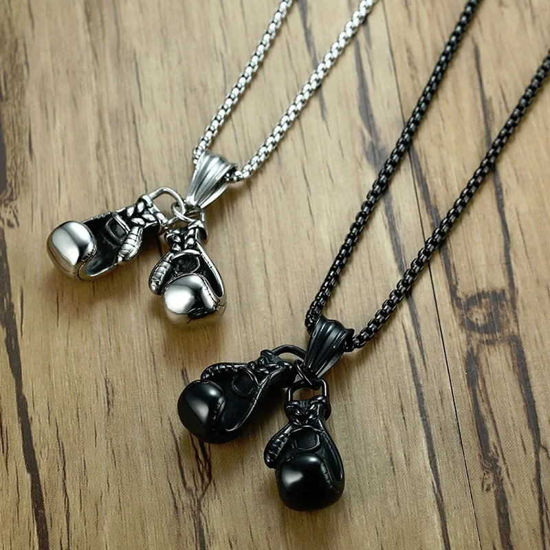 

Unique Double Boxing Gloves Pendant Necklace for Men Stainless Steel UFC MMA Martial Arts Male Jewelry in Black Silver Gold