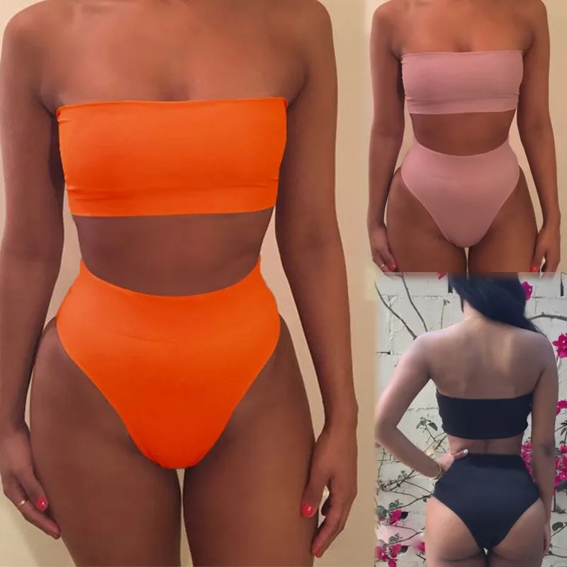 Сексуальный летний женский комплект бикини без бретелек бандо пуш ап