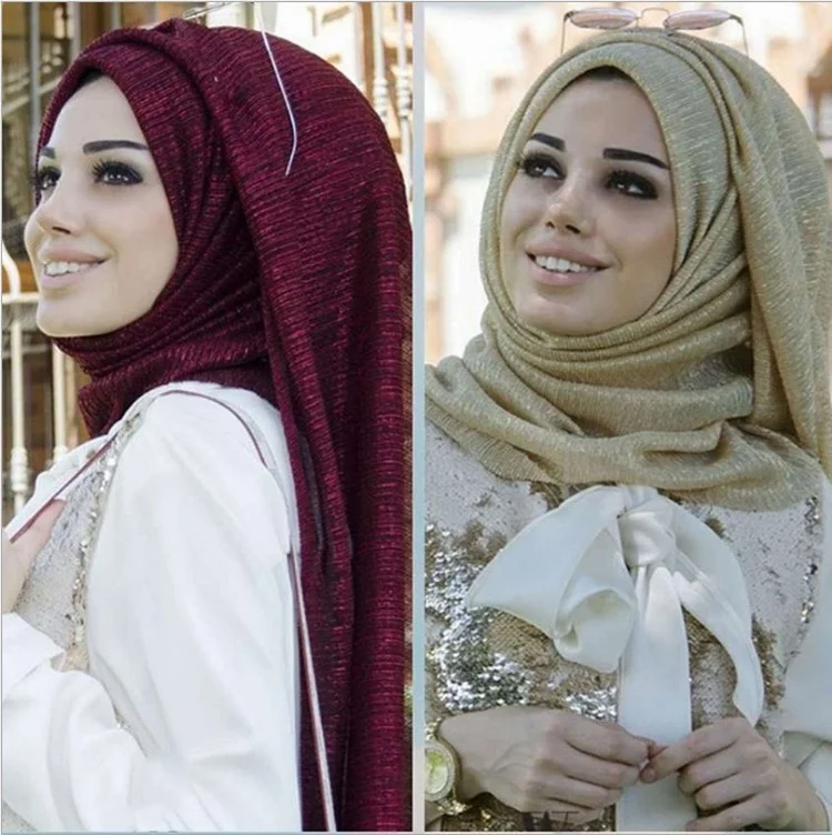 

Fashion Muslim Hijab Solid-colored Long Scarf with Gold Ruffle on The Top for Women