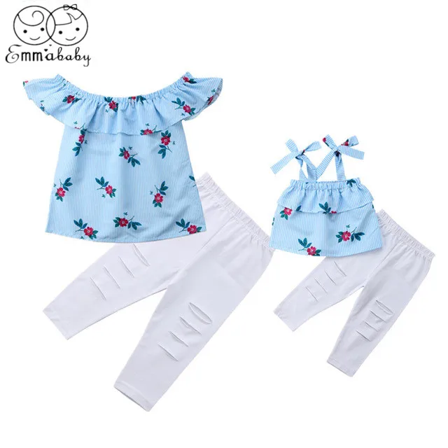 

2019 Brand European New Family Matching Outfit Mother&Daughter Floral Striped Tops Hole Pants Clothes
