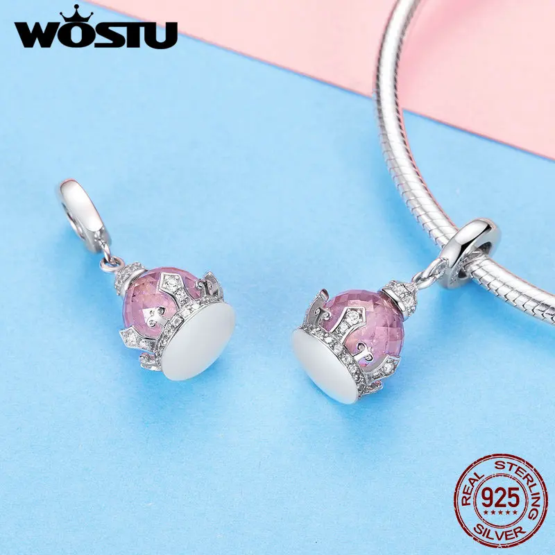 WOSTU 925 пробы серебра с розовой короной талисманы с украшением в виде кристаллов бисера подходят браслет Подвеска шармы для изготовления ювелирных изделий CQC1132