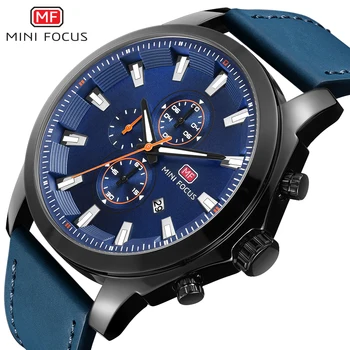 

MINI FOCUS Casual Sports Watch Men Quartz Analog Clock Blue 3 Dials 6 Hands Calendar Leather Mens Watches Top Brand Luxury 2019