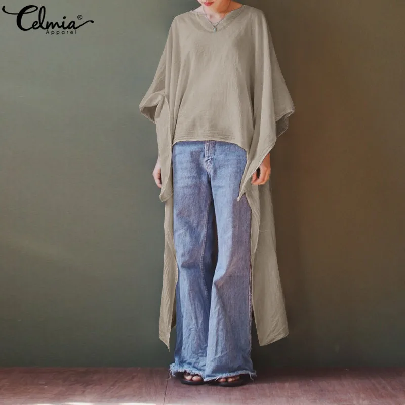 Celmia 2019 الصيف المرأة طويلة قمصان خمر القطن البلوزات V الرقبة جاكيت عارضة الإناث قمصان فضفاضة غير المتماثلة Blusas