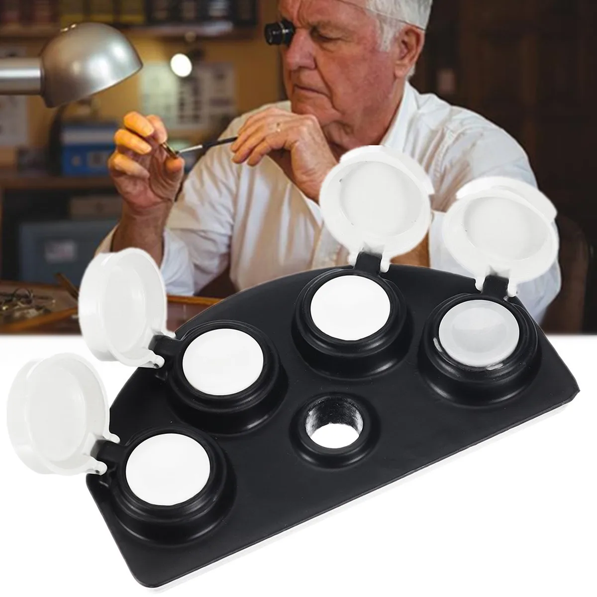 

1pc Replaceable Oil Cup Stand with 4 Agate Containers for Watchmaker Watch Repair Oil Cup Metal Stand with Lip and Pegwood