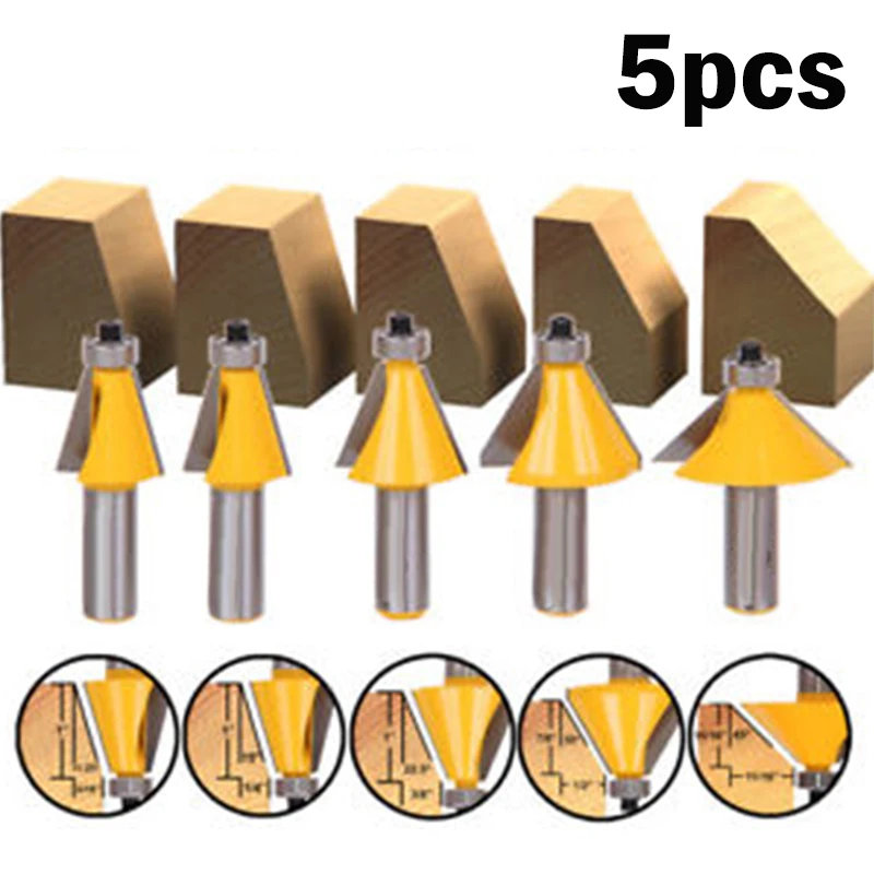 

5pcs/Set Yellow Chamfer Router Bit Kit Edge Forming With 1/2" Shank Woodworking Tool