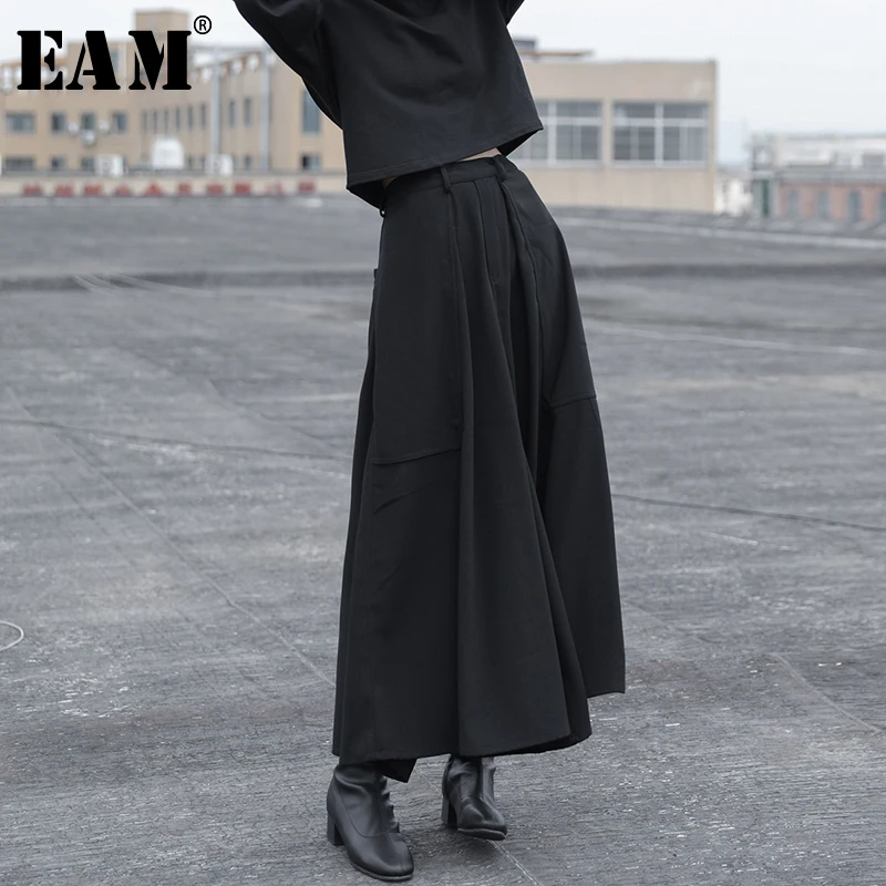 

[EAM] 2019 Spring Woman Personality New Solid Black Color High Elastic Waist Pleated Pockets Long Loose Wide-leg Pants LI152