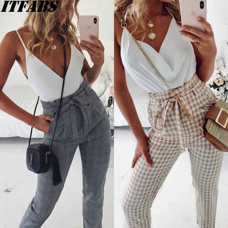 

Fashion Casual Loose Women Plaid Jogger High Waist Drawstring Harem Pants Sports Trousers Summer Clothes For Girls