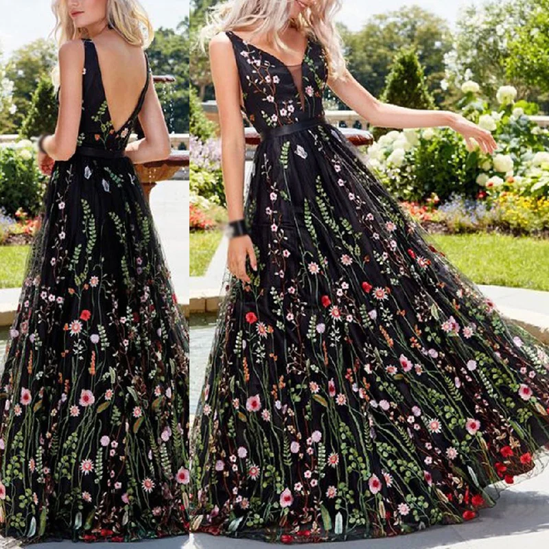 

Women Summer Dress Elegant Deep V-Neck Sexy Backless Sleeveless Ladies Party Evening Beach A-line Swing Embroidered Long Dress
