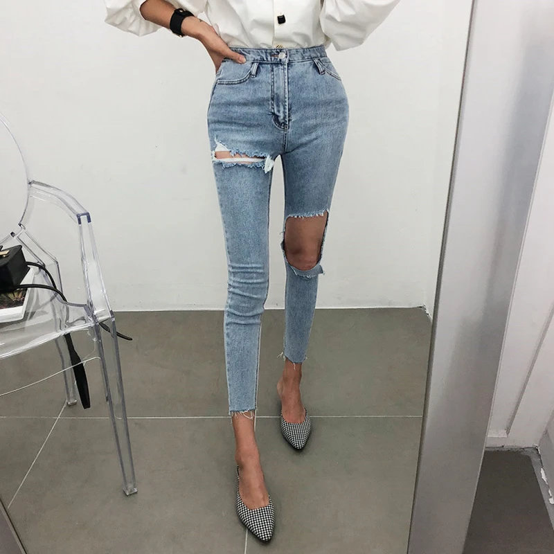 Spring Summer High Waist Washed Light Blue Ripped Holes
