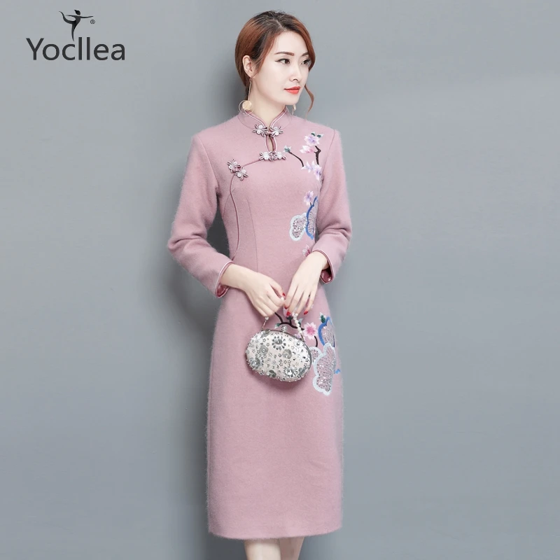 

Autumn Winter Dress Women Office lady Work Long sleeve elegant embroidery Midi Qipao Dress Robe Banquet Dress SS975