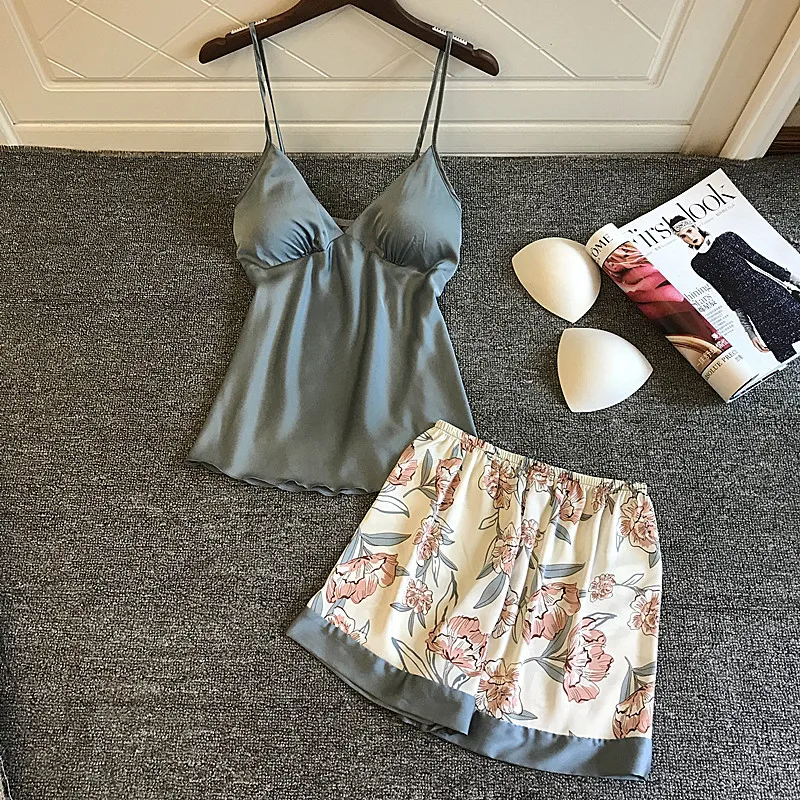 

Sleep Lounge Women Pajamas Set With Chest Pad With Shorts Flower Print Pijama Sexy Satin Pyjama Sleepwear Summer Pyjama Femme