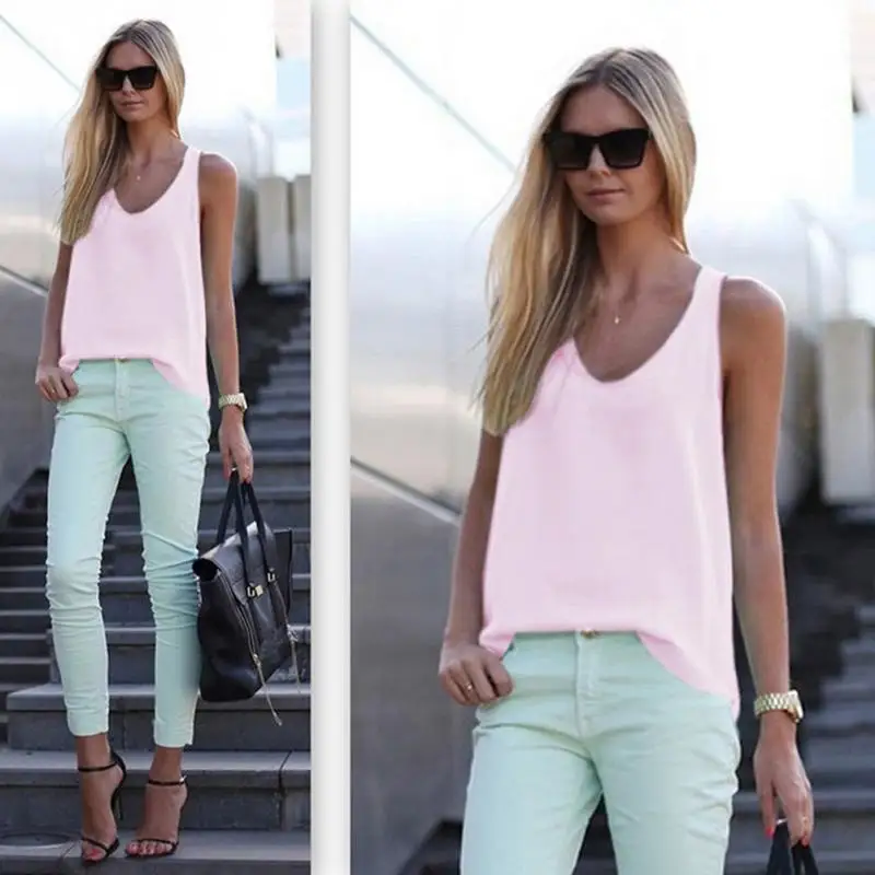 

2019 New Hot Sale 1PC Women Ladies Summer Vest Comfortable Plus Size Sleeveless Fashion Solid Color V Neck Tops Chiffon Shirt