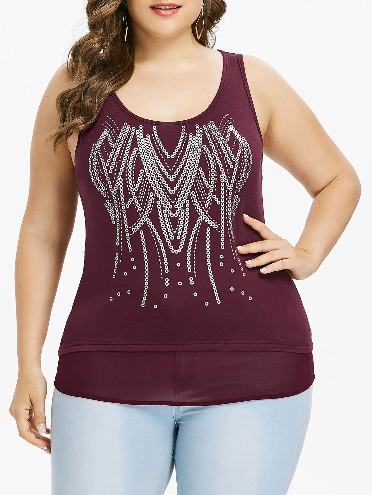 Kenancy Plus Size Circle Print Chiffon Trim Sequined Tank Top Summer