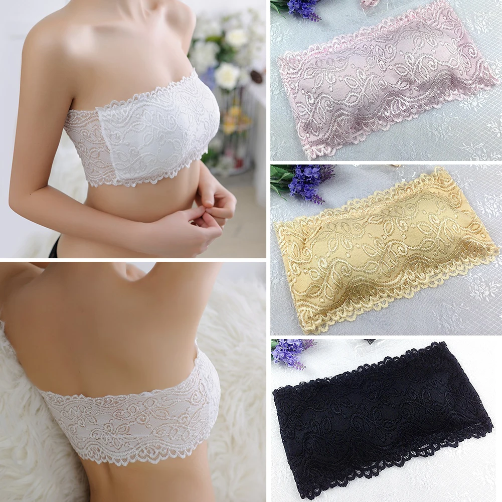Padded Strapless Women Tube Top, Pure Color Jacquard Style Tube Top Lace Chest Wrap With 2Pcs Straps Presented #H12^