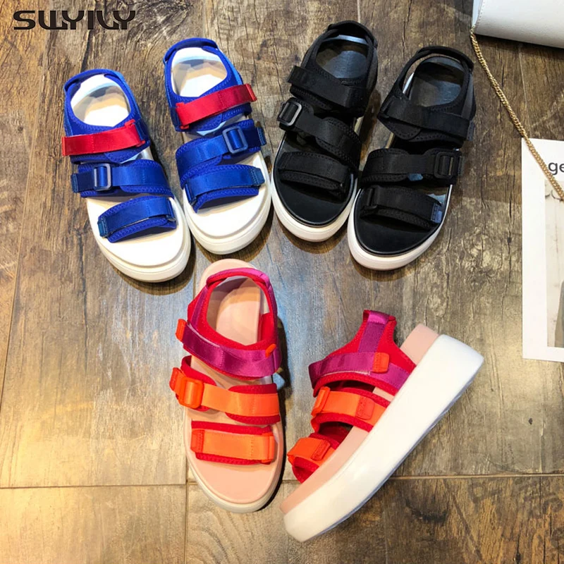 SWYIVY Multicolor Chunky Sandals Shoes Summer 2019 New Hook Look Female Casual Shoes Platform White Sandals For Woman Blue Shoe