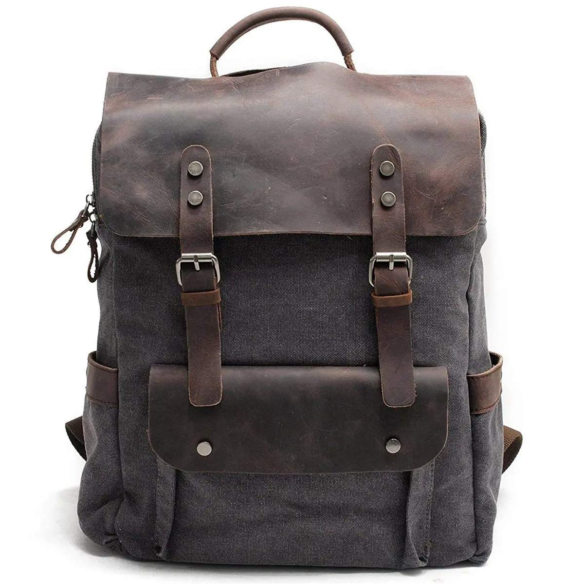 Мужской кожаный холщовый рюкзак, рюкзак для ноутбука, школьный рюкзак для колледжа, темно-серый