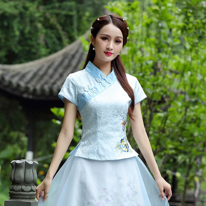 Синяя блузка Hanfu с цветочной вышивкой рубашки в восточном стиле хлопковые топы