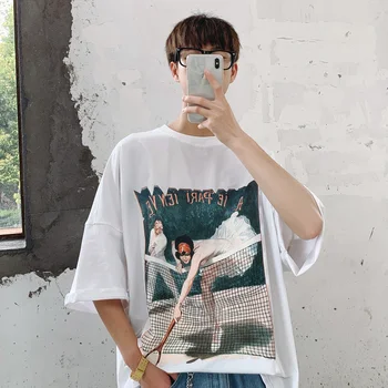 

Summer New T Shirt Men Fashion Characters Printed Casual Short-sleeved Tshirt Man Streetwear Wild Hip-hop Loose Cotton T-shirt