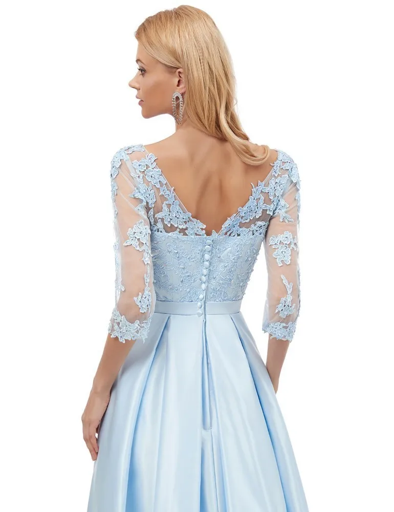 Женское вечернее платье Vivian's Bridal синее сатиновое с коротким рукавом и двойным