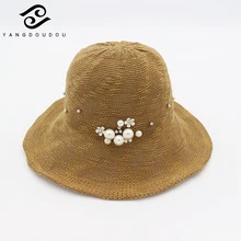 Модные жемчужные женская панама с плоской верхней Повседневное теплый хлопок Мягкий рыболовная шляпа для женщин 7 цветов Украшенные жемчугом