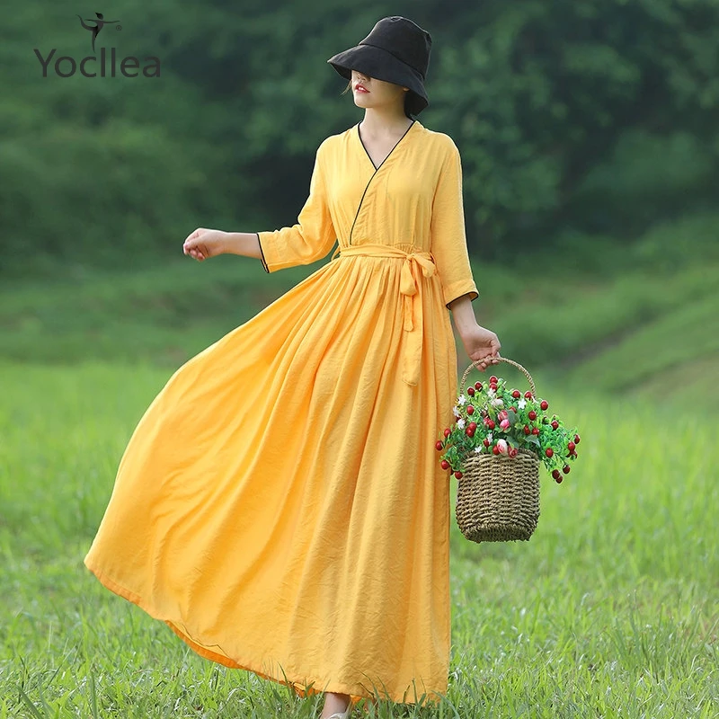 

Spring Autumn Silk Linen dress Robe Vintage Bohemian Summer beach derss with sashes Long women dress vestidos lady clothes